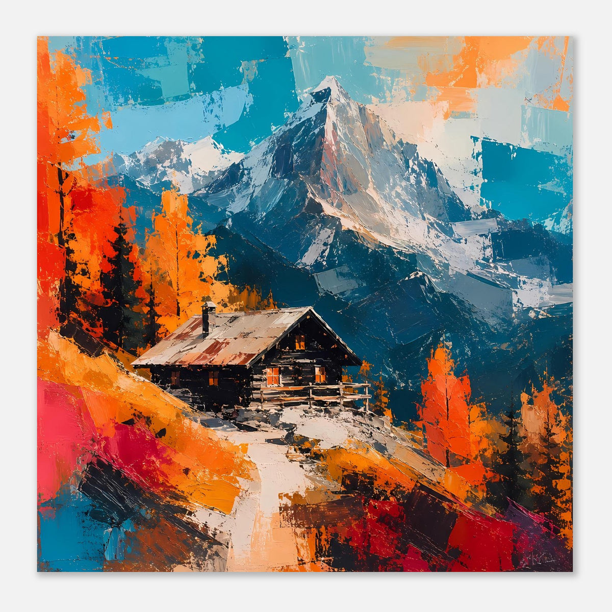 Poster im Querformat mit Alpenhütte, verschneiten Gipfeln und Herbstfarben