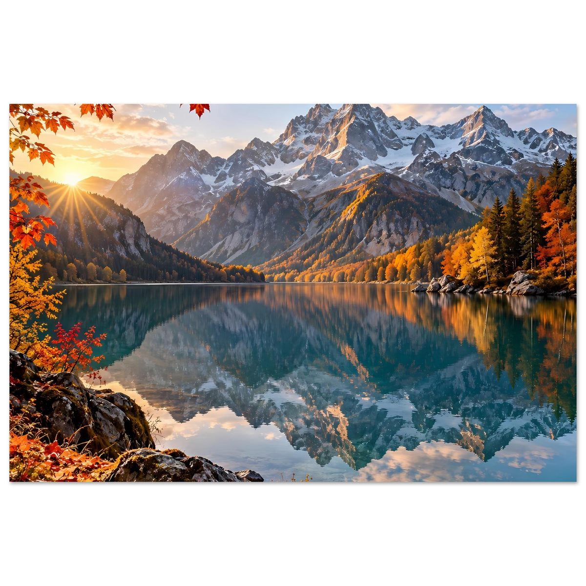 Herbstliches Landschaftsposter (quer): Berge am See mit Spiegelung und Herbstlaub