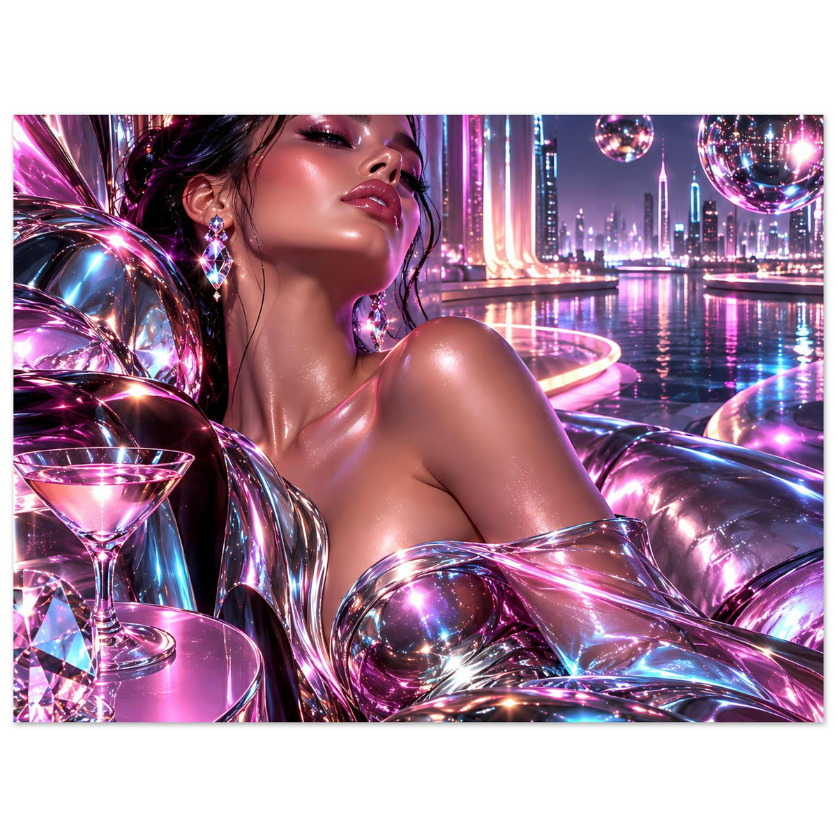 Neon-Glitzerposter: Frau im Metallic-Look, pink-violette Neonlichter, schillernde Kugeln