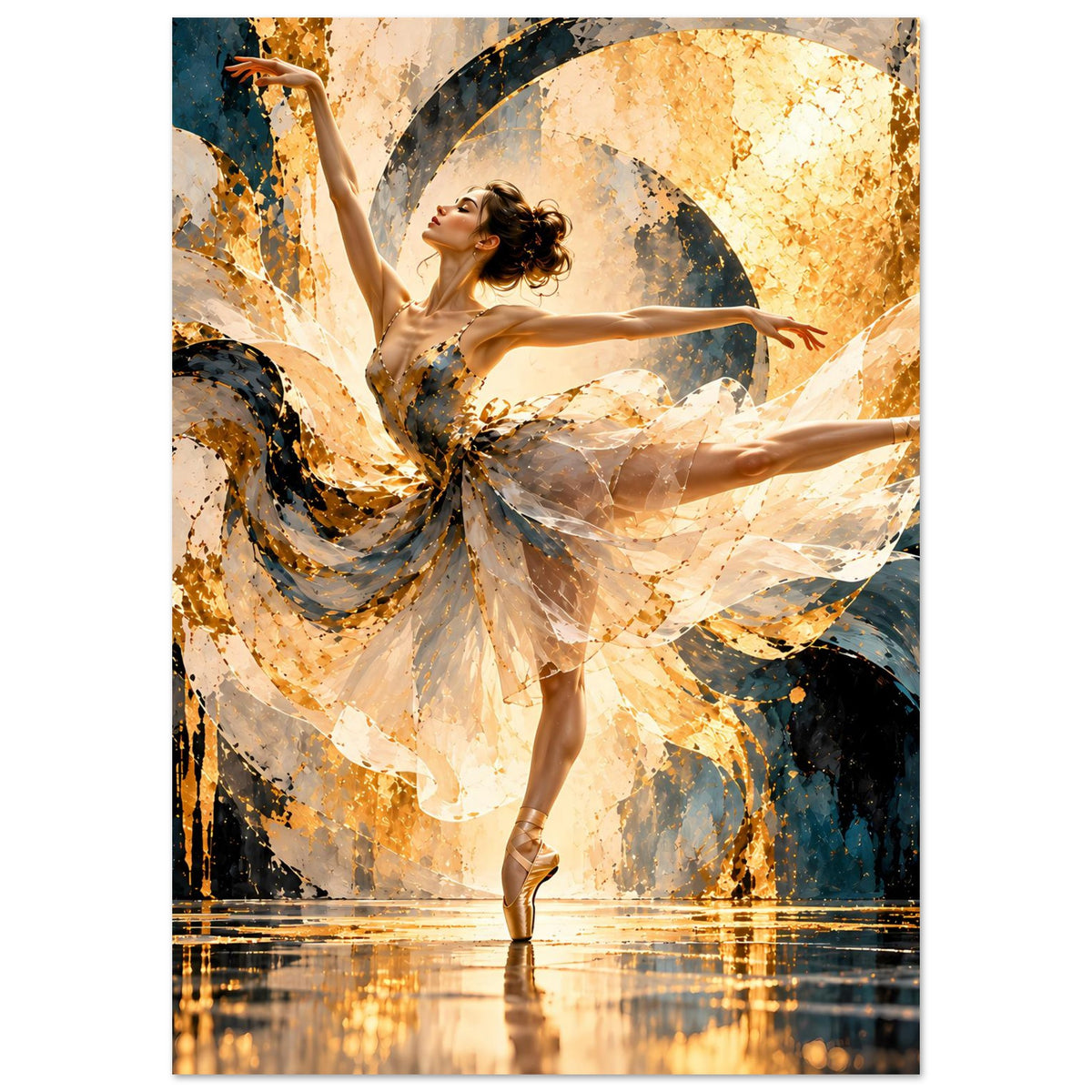 Ballettposter hochkant: Ballerina im beigen Kleid, goldene Akzente, abstrakte Farbspritzer