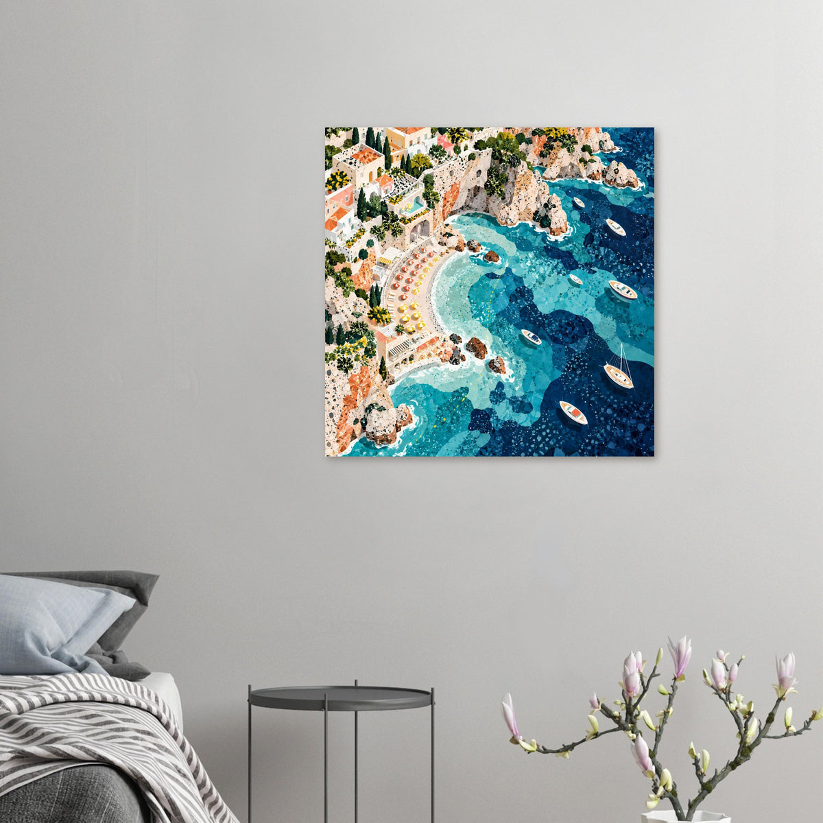 Mediterrane Küstenlandschaft mit Villen, sonnigen Felsklippen und türkisblauem Meer in Mosaikoptik – Posteransicht 49