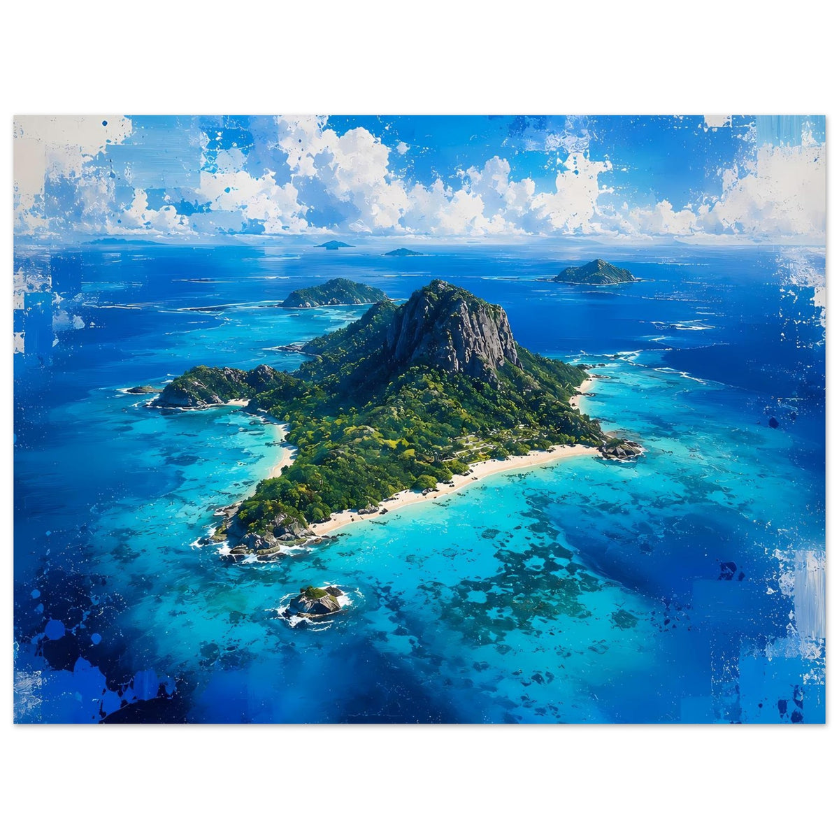 Poster tropische Insel mit Felsberg und bewachsenem Rücken, türkisblaues Meer