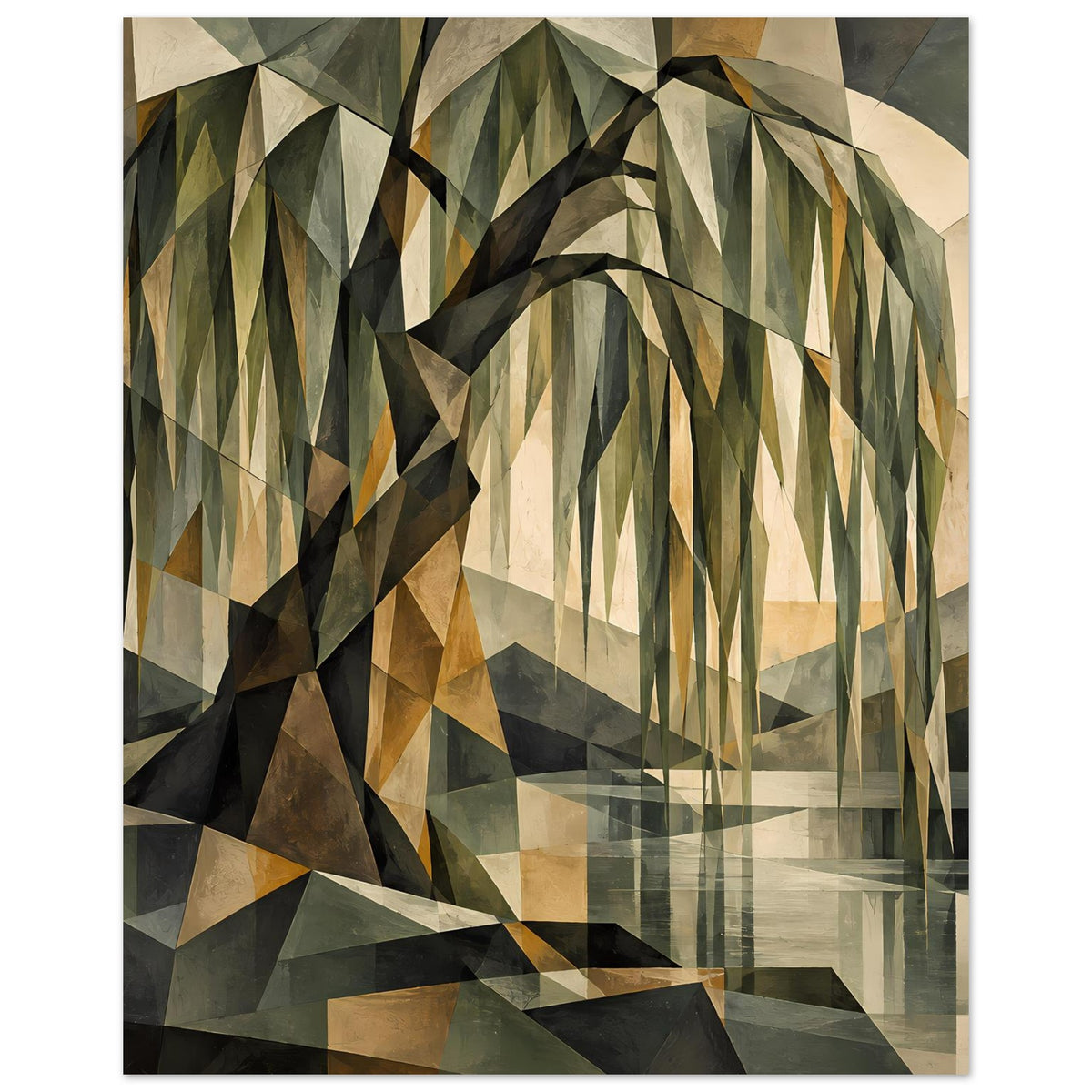 Geometrisches Baum-Poster mit engem Ausschnitt, dreieckige Formen in Grün, Beige, Braun