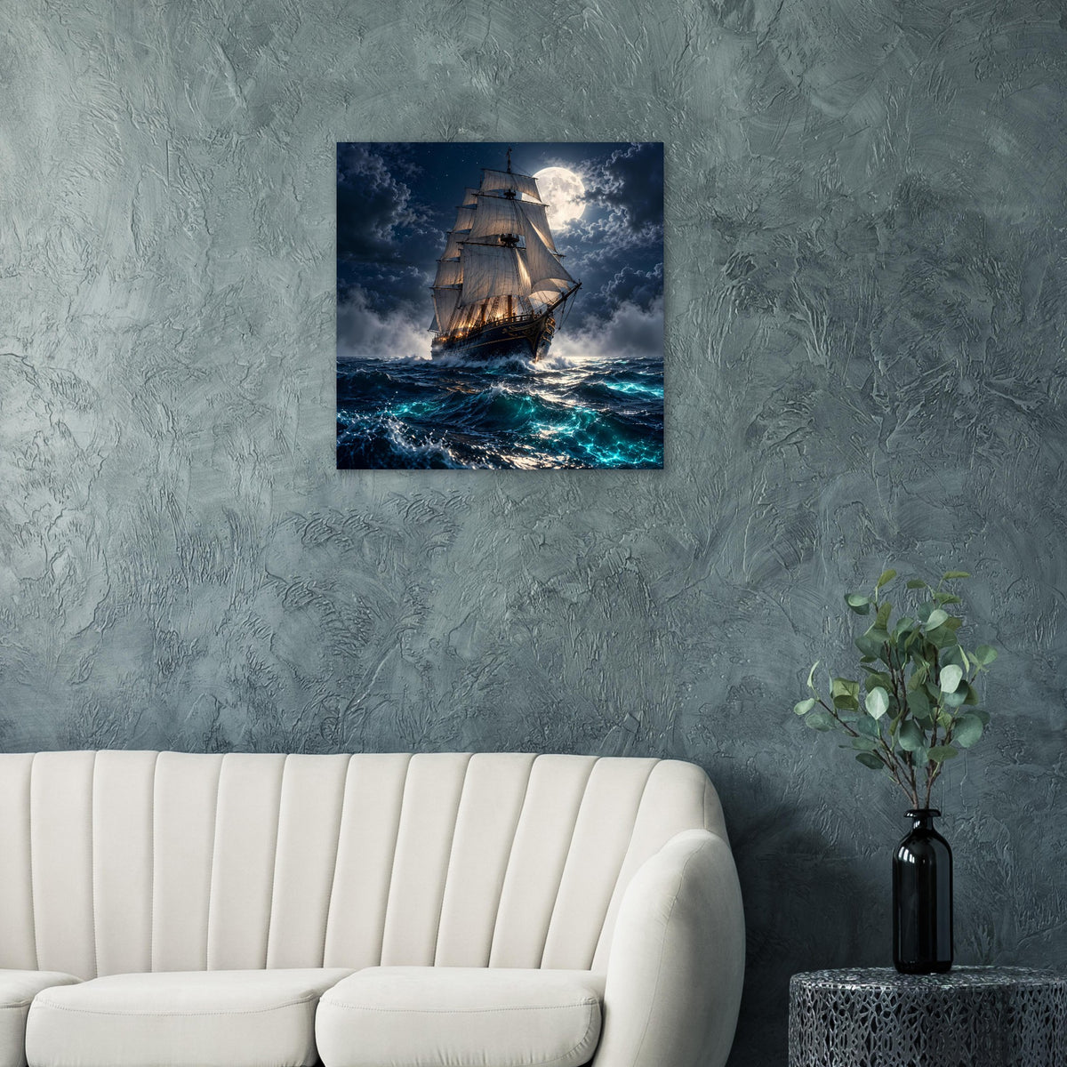 Poster mit Segelschiff im Mondlicht, dunkler Himmel und kräuselnde See