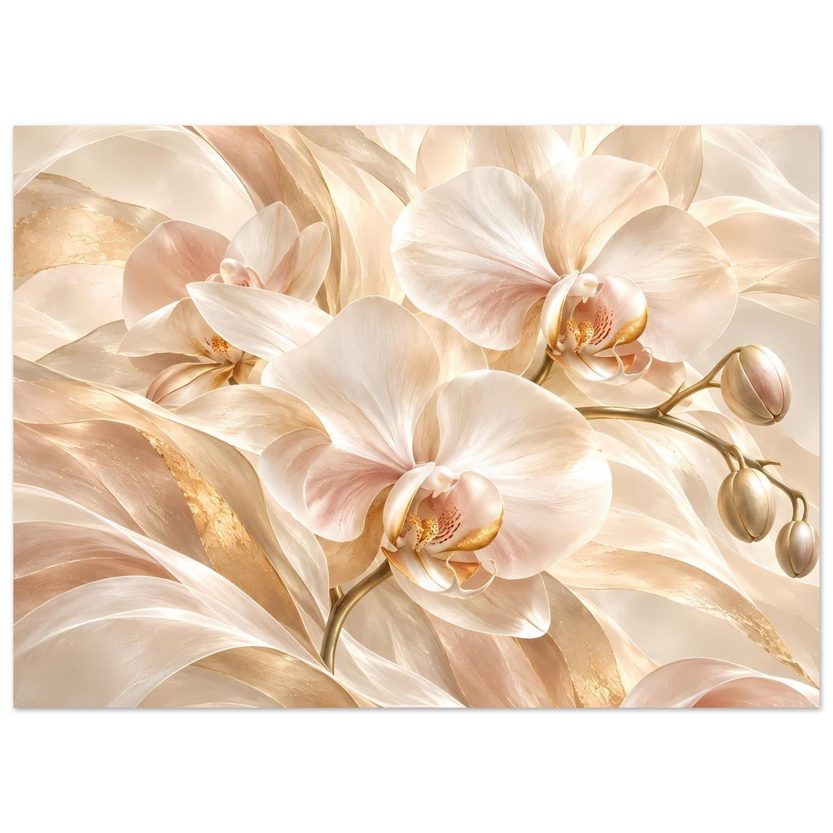 Orchideenposter im Querformat: zarte weiße Orchideen vor gold-cremefarbenem Hintergrund
