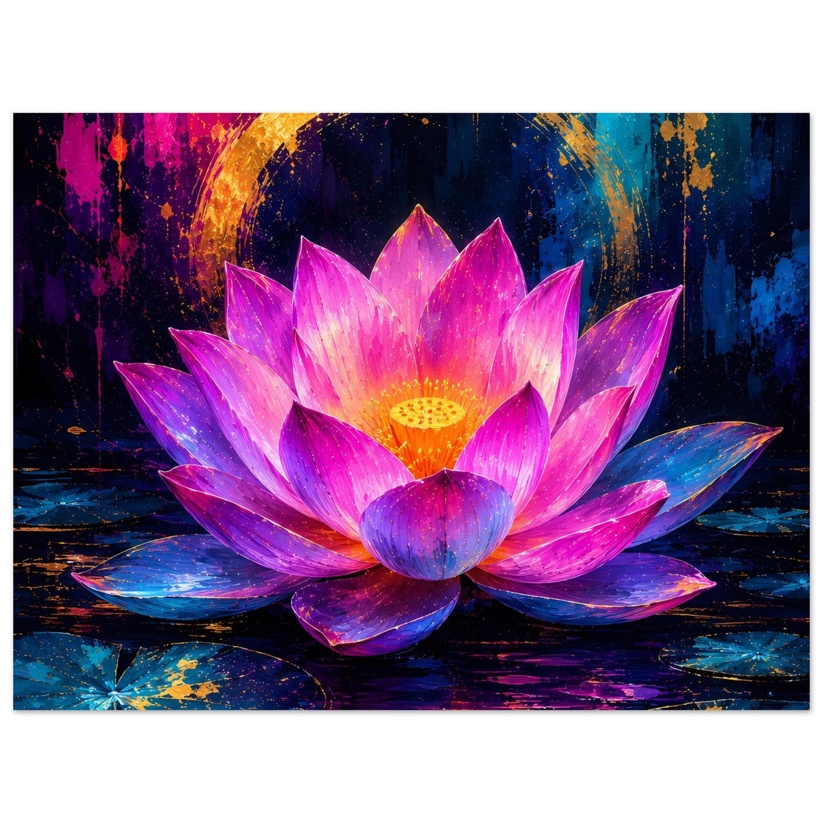 Querformat-Blumenposter mit leuchtender Lotusblüte in Rosa und Violett, goldener Mitte