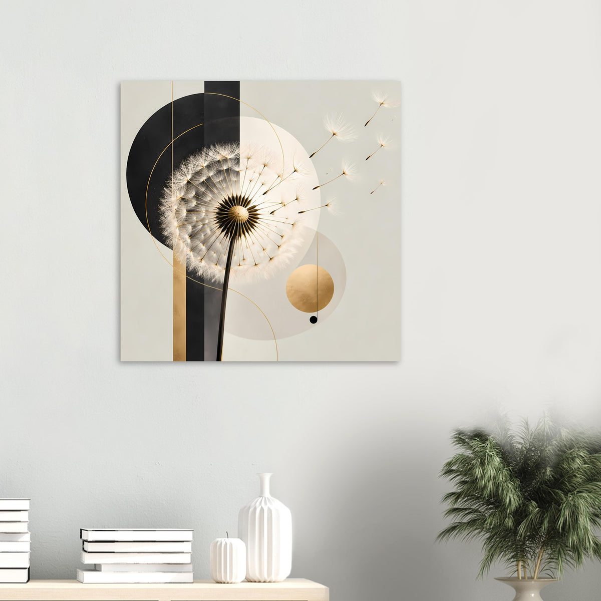 Dandelion-Poster: Pusteblume mit Samenfäden, goldene Linien und runde Akzentformen