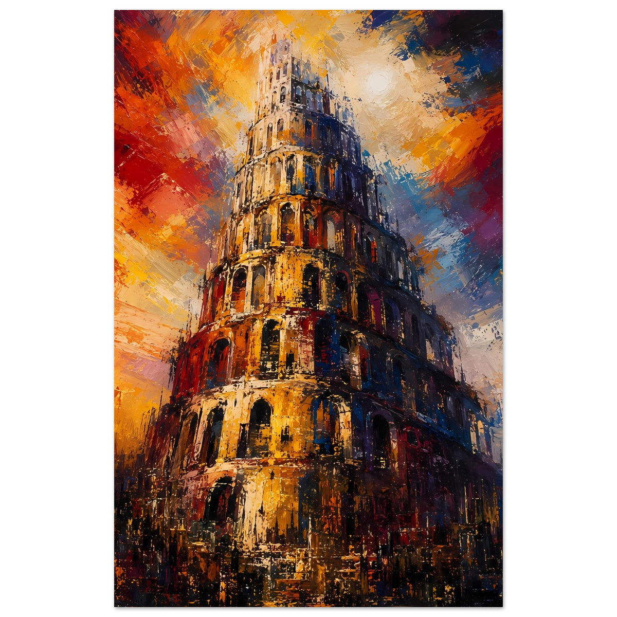 Vertikales Poster mit abstraktem Babel-Turm, orange-gelbe Struktur und blaue Akzente