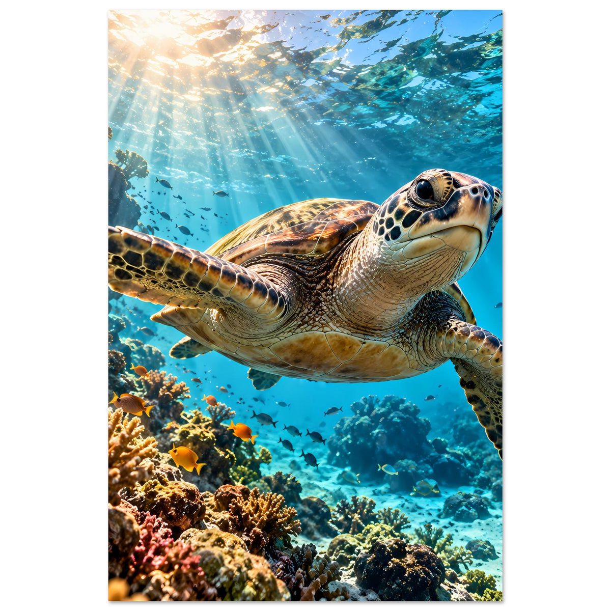 Meeresschildkröten-Poster im Hochformat: Schildkröte unter Wasser, blaue Flächen und Korallen unten