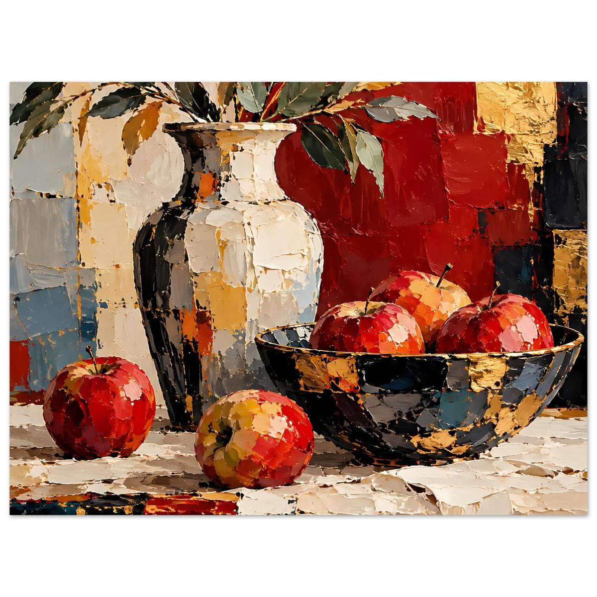 Kunstposter im Querformat: Vase mit Blättern, rote Früchte, schwarze Schale und Tisch