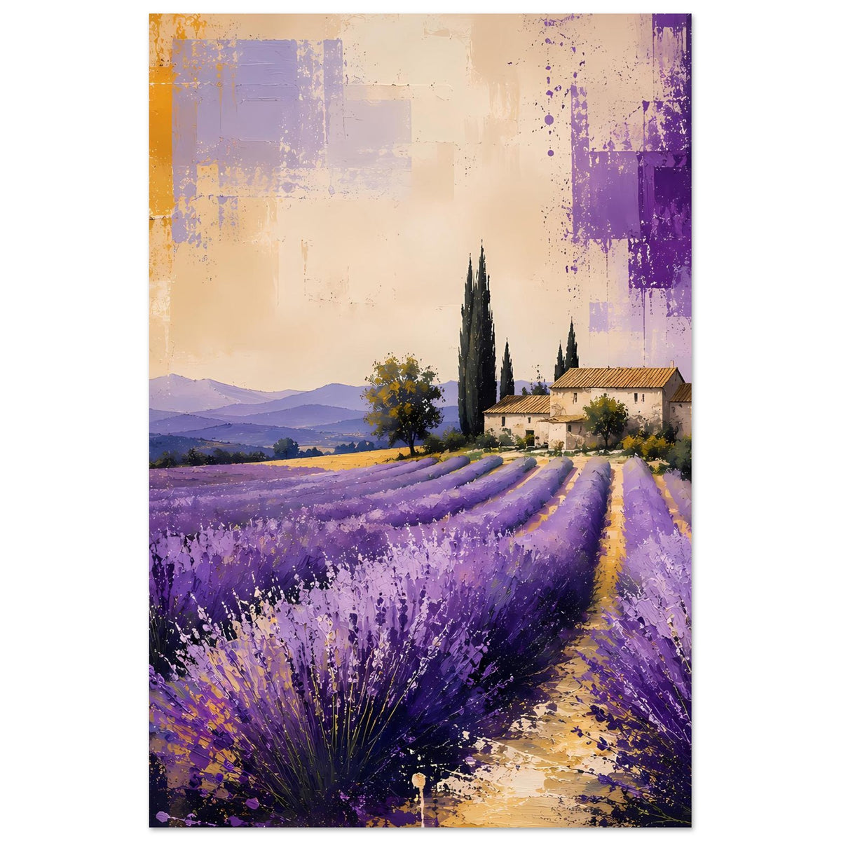 Lavendel-Landschaftsposter, vertikales Motiv mit Lavendelweg und Dorfansicht