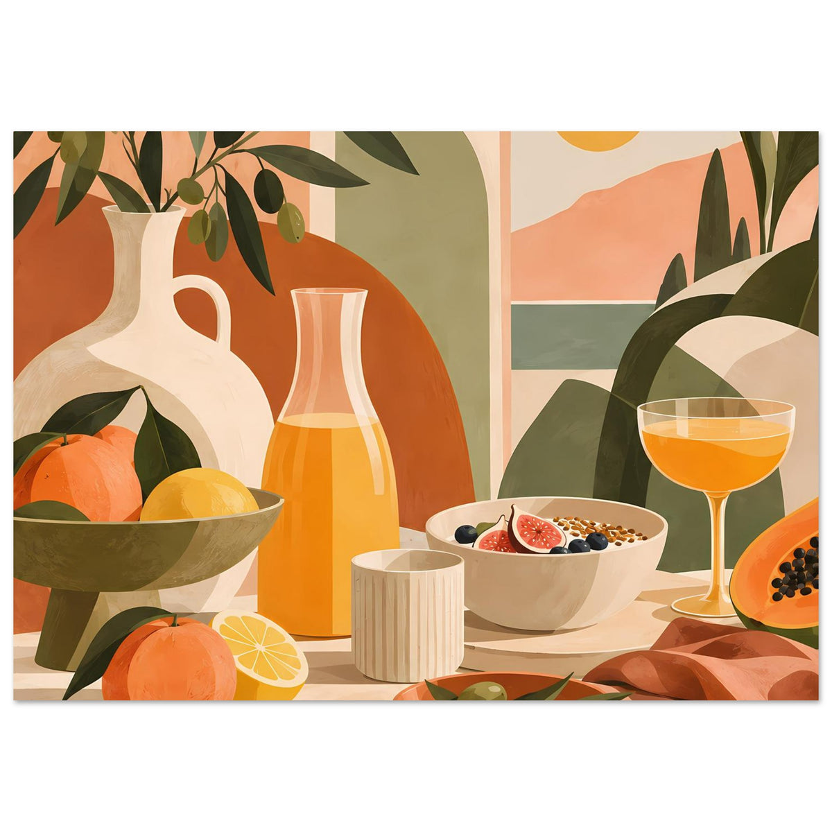 Still-Life-Poster: orange Vase, weiße Schale mit Beeren, Cocktailglas und Obst