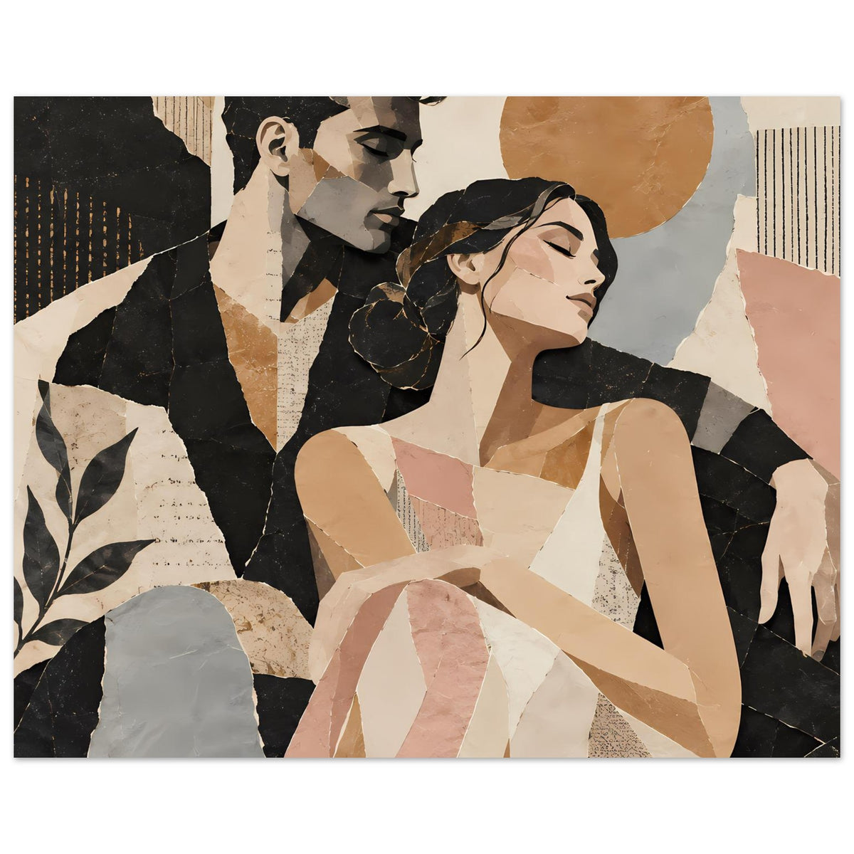 Kunstposter mit Paarporträt in warmen Erdtönen, schwarze Silhouetten, creme- und rosafarbene Flächen