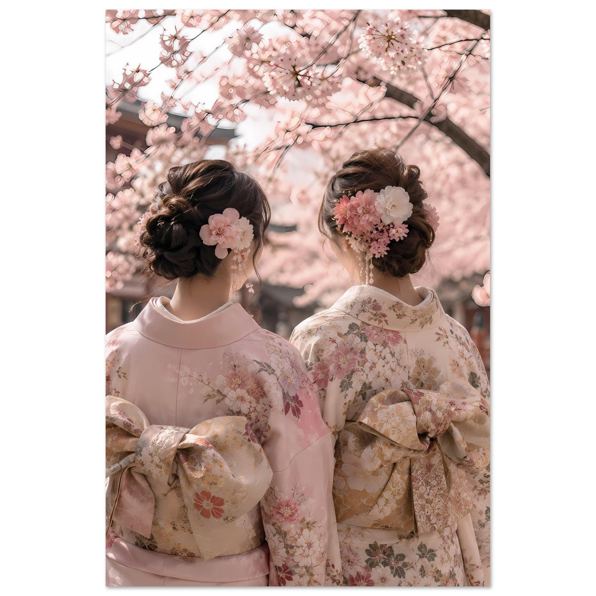 Kirschblüten-Poster mit zwei Frauen in hellen, geblümten Kimonos und Haarkronenblumen
