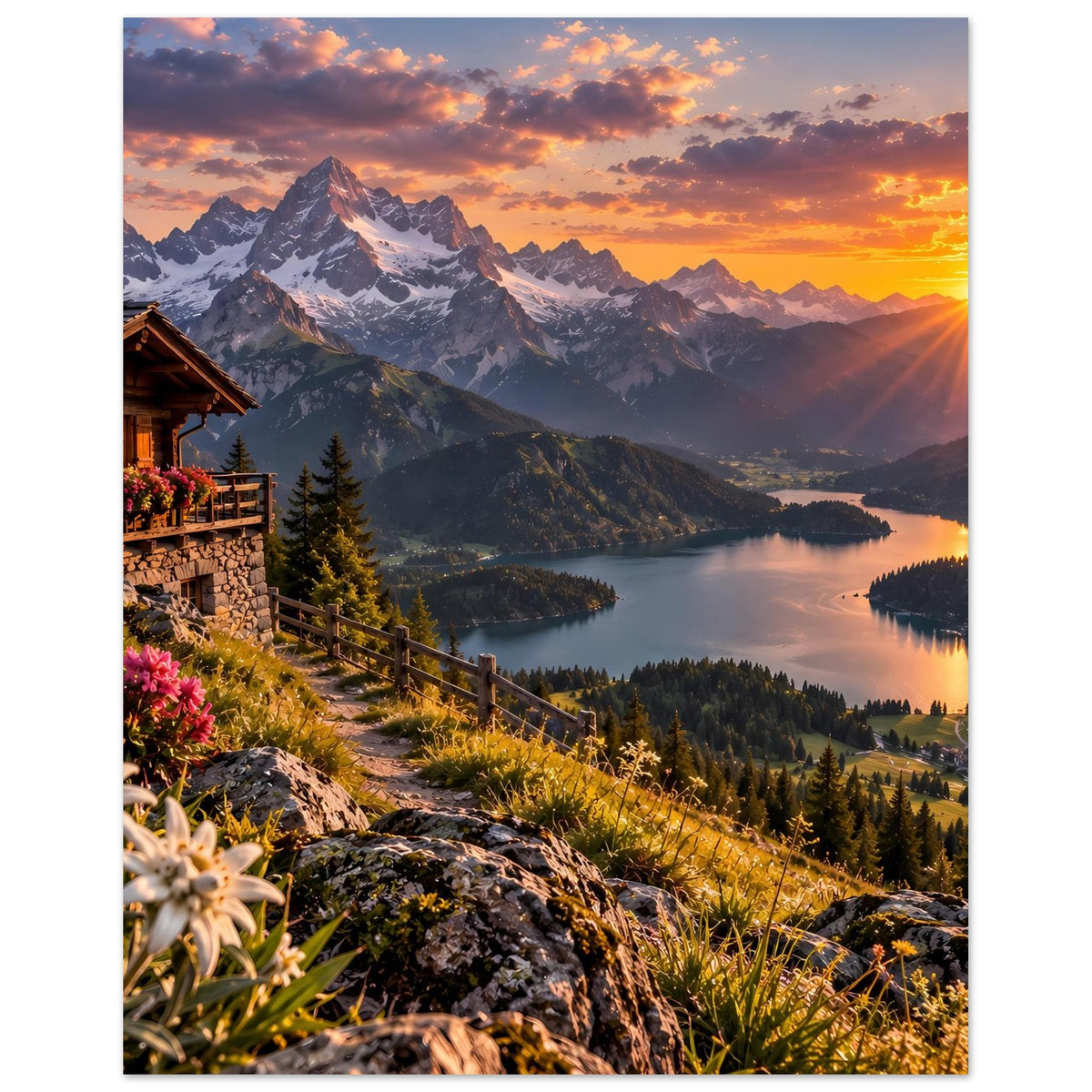 Hochformat Poster mit Alpenblick: See, Berge und Sonnenuntergang über dem Tal