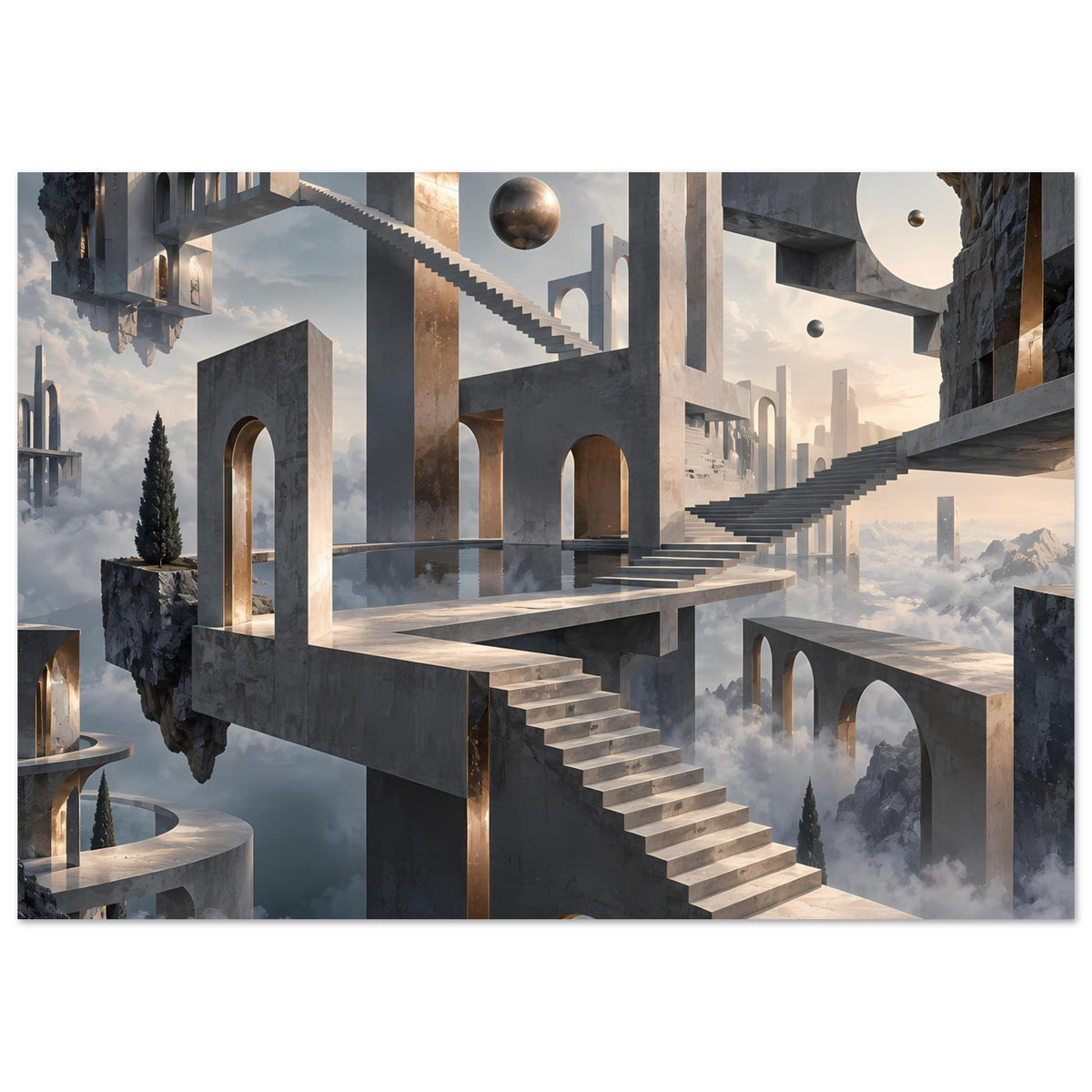 Architekturposter mit Treppenbrücke über Nebel, hohen Bögen und goldenen Lichtakzenten