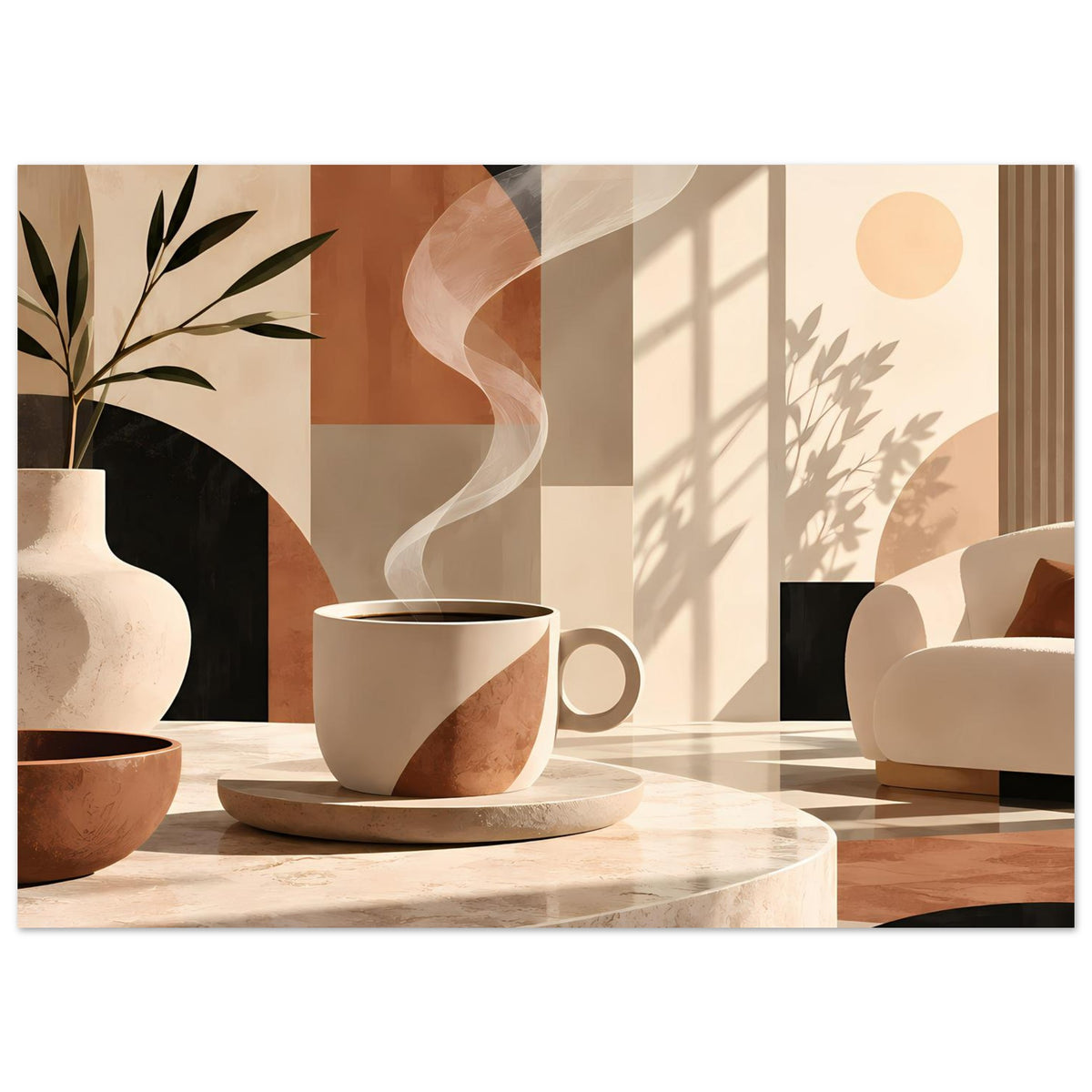 Poster mit warmen Erdtönen: Vase mit Blattpflanze und Tasse auf Marmorfläche