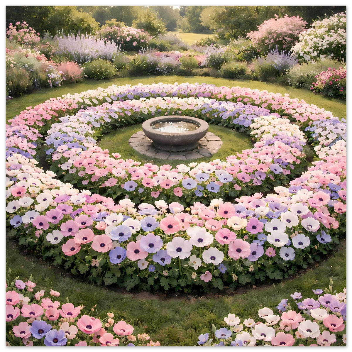 Horizontales Blumenbeet-Poster mit Steinschale in der Mitte und pastellfarbenen Blütenreihen