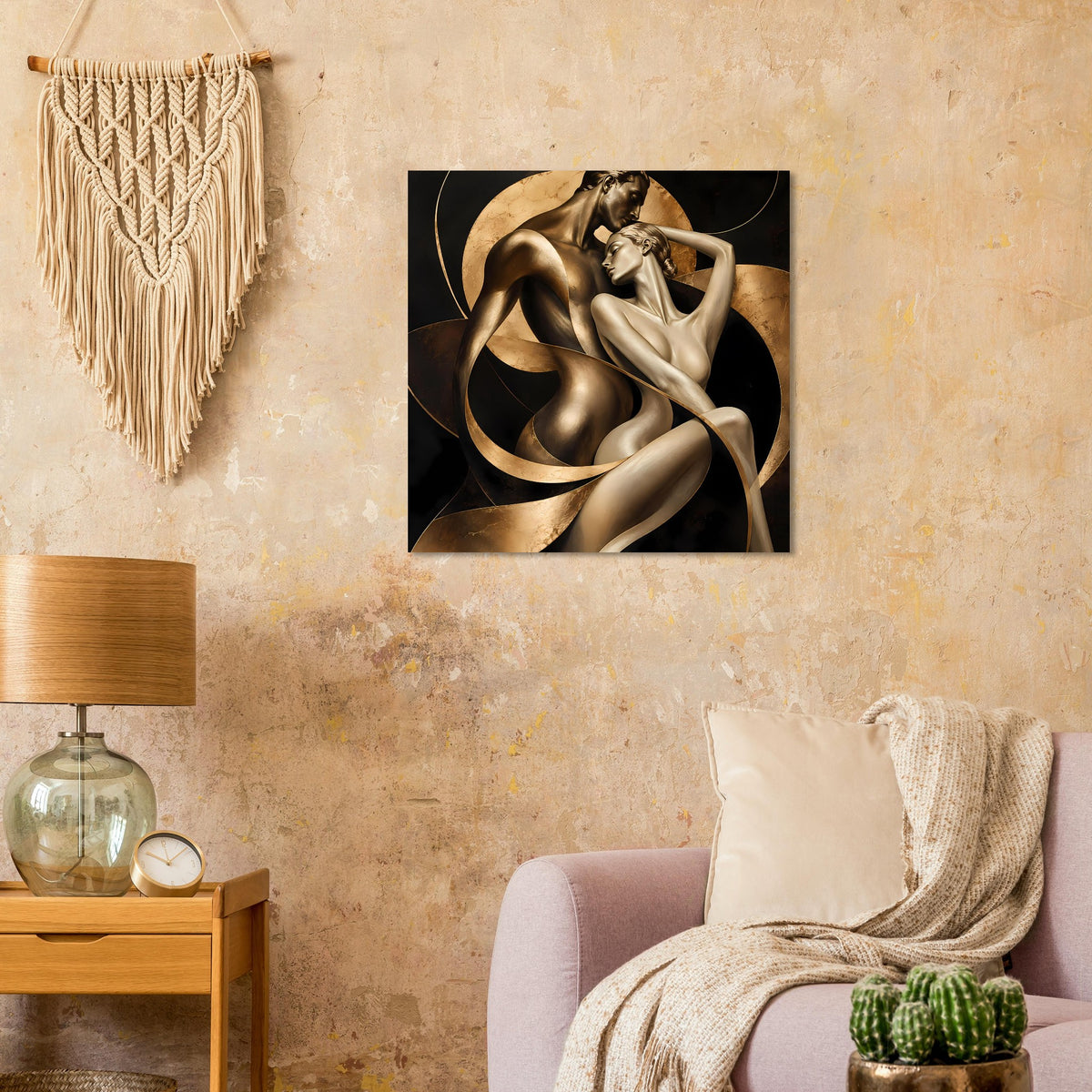 Kunstposter: gold- und bronzefarbene Aktfigur in wellenförmigen, abstrakten Linien