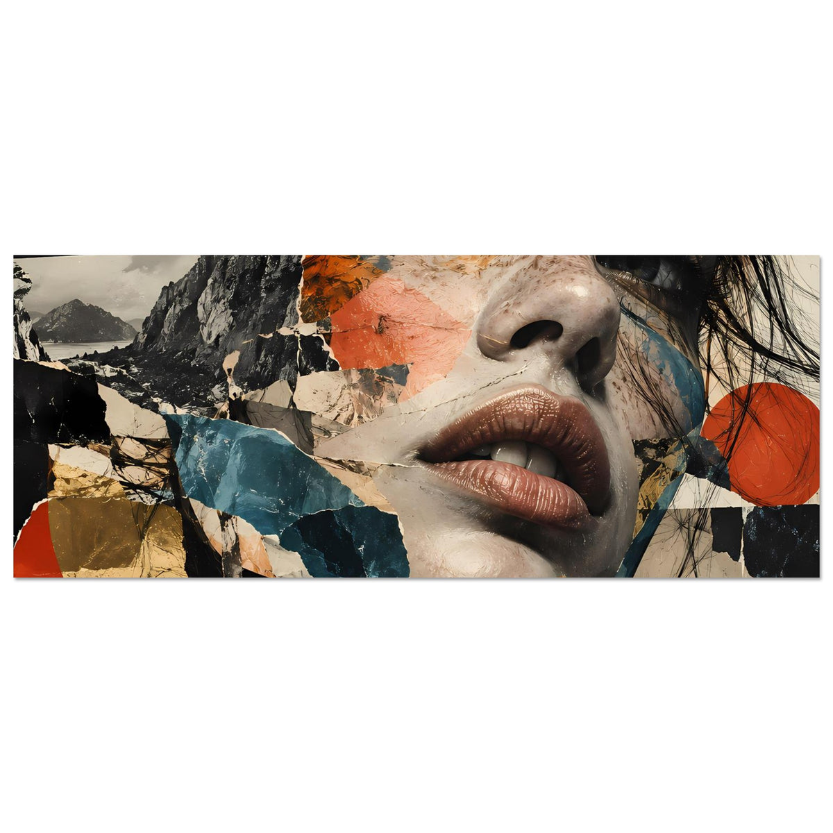 Abstraktes Collage-Porträtposter mit Frauengesicht, horizontale Ansicht in Terrakotta und Blau.