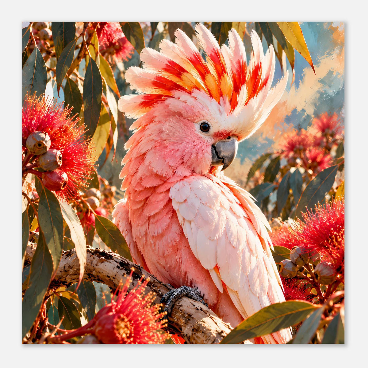 Querformat-Poster mit rosafarbenem Kakadu auf Ast, Federkranz auffällig, rote Blüten ringsum.