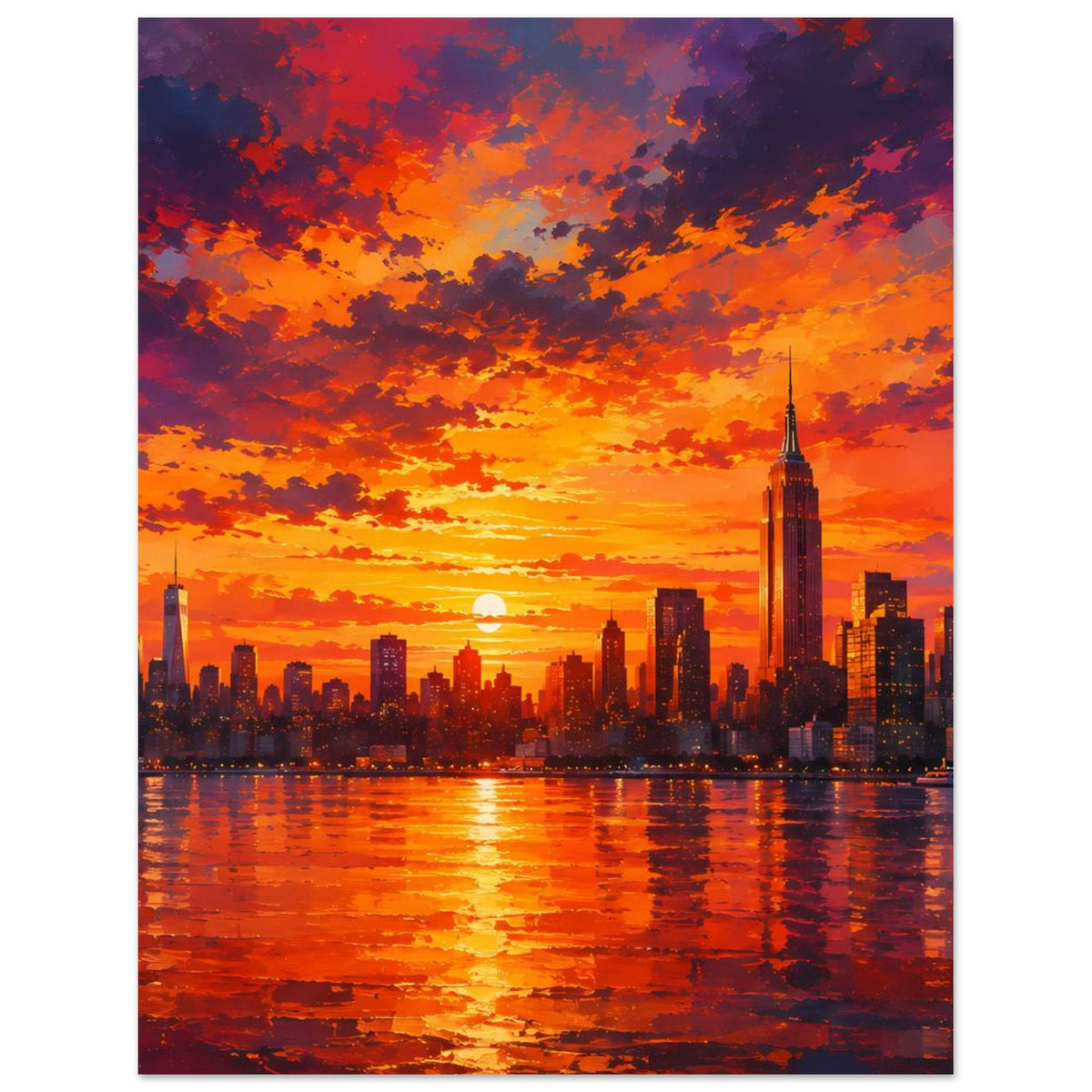 Hochformatiges Stadtlandschafts-Poster mit leuchtendem Sonnenuntergang und Skyline am Wasser