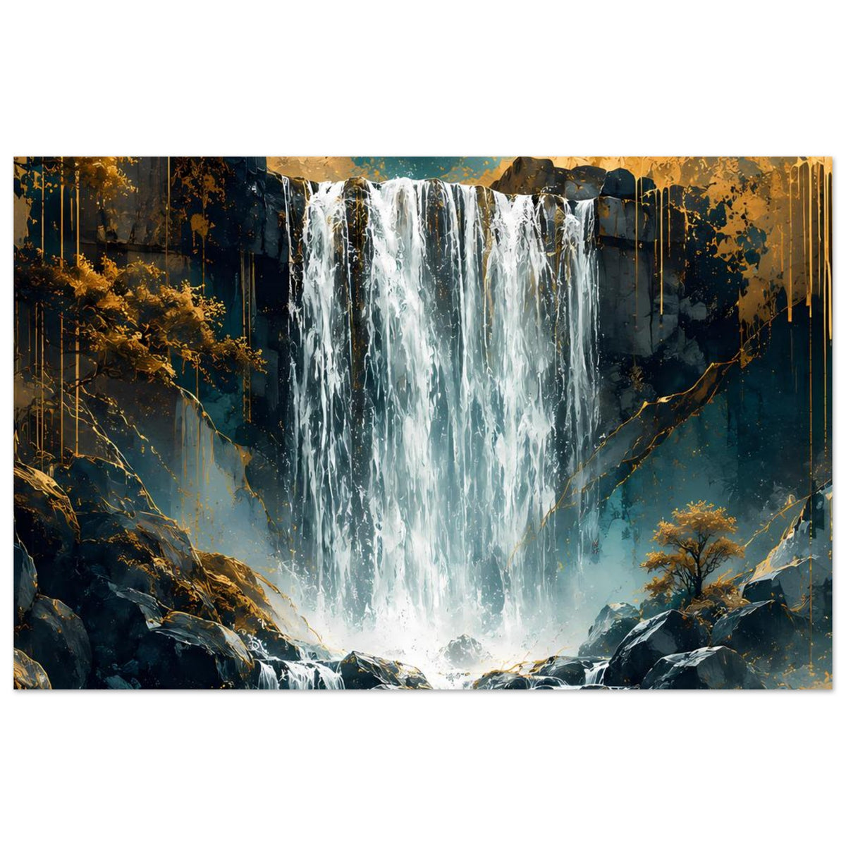 Wasserfall-Poster mit breitem Panorama-Ausschnitt: türkisfarbenes Wasser über Felsen