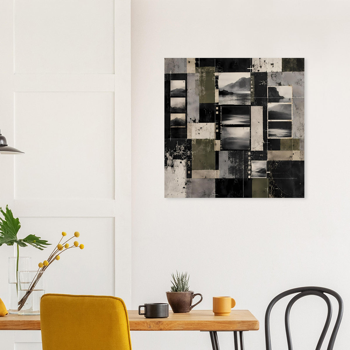 Abstraktes Landschafts-Poster mit quadratischen Segmenten in Schwarz, Grau und Oliv