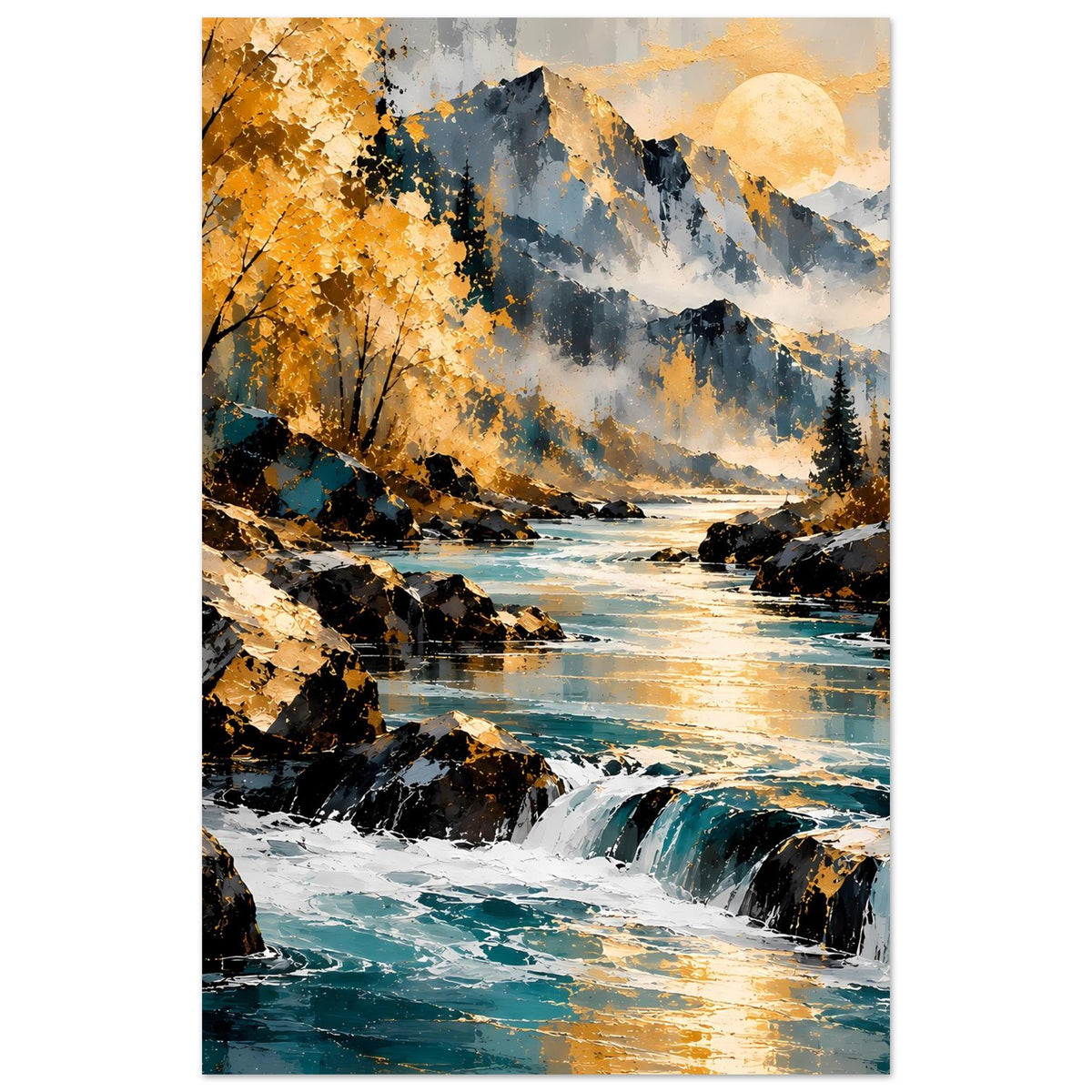 Vertikales Poster: Fluss mit Wasserfall, Berge im Hintergrund, goldene Bäume