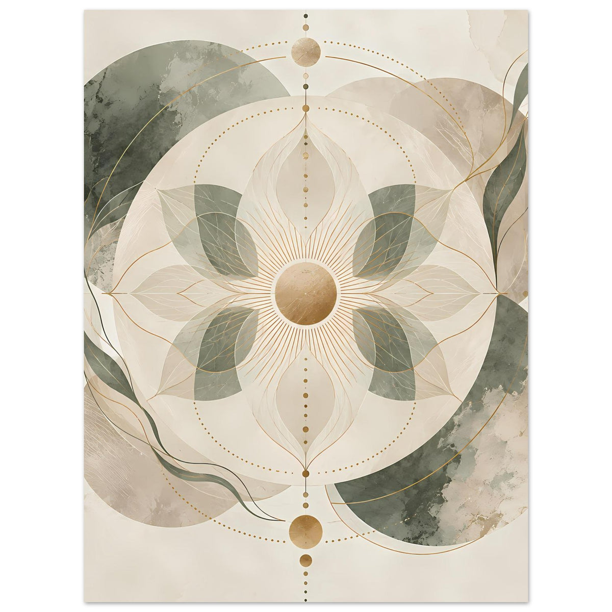 Zen-Poster mit Mandala in Beige und Grün, goldene Ornamentlinien und zentrales Kreisauge