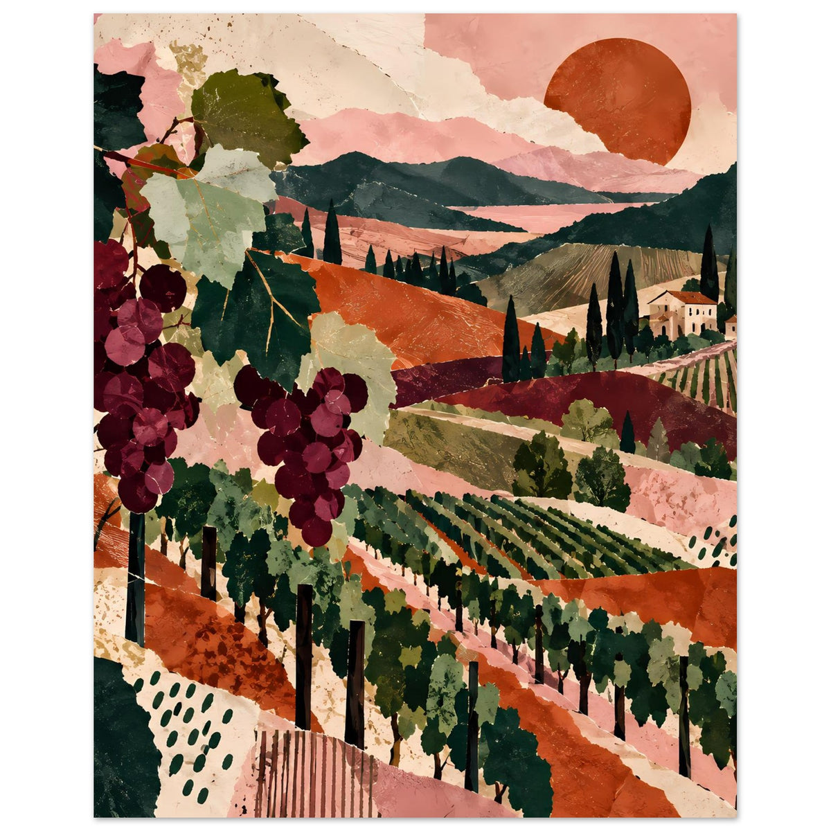 Weinreben-Landschaftsposter mit Weinbergstreifen, Traubenreben und Berglandschaft