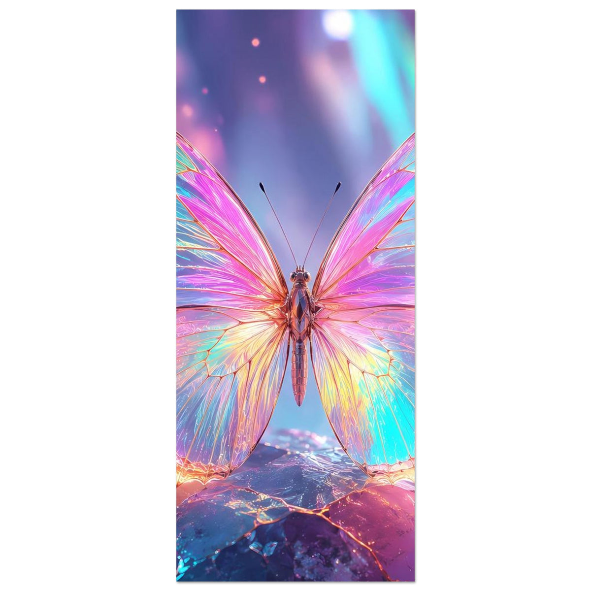 Schmales Hochformat-Poster: schillernder Regenbogen-Schmetterling zwischen Kristallen.