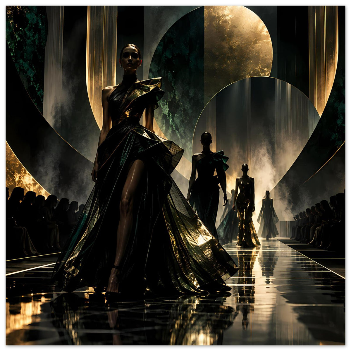 Poster im Querformat: Laufsteg mit schwarzen Models, goldene Bögen und spiegelnder Bodenfläche