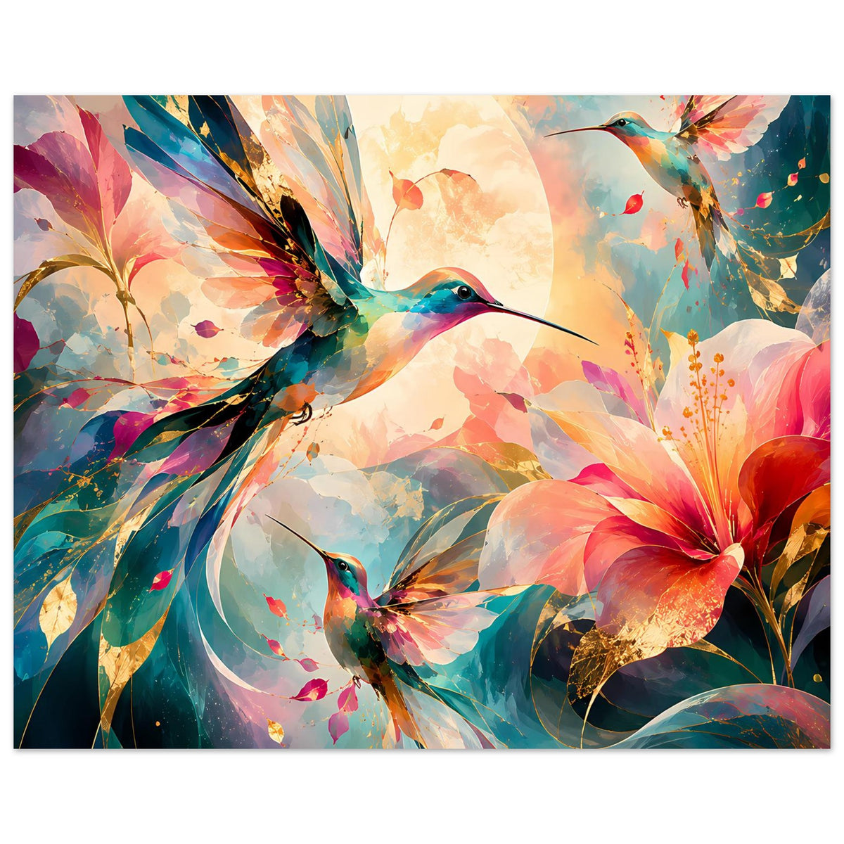 Kunstposter mit Kolibris im Flug über farbigen Blüten, leuchtende Farbflächen