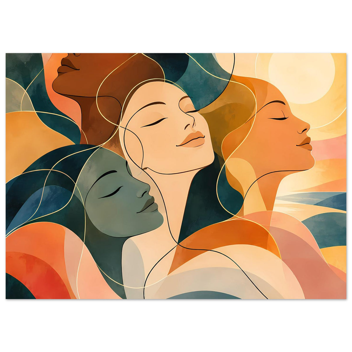 Kunstposter im Querformat mit vier Frauen, weiche Farbverläufe in Orange, Grün und Blau