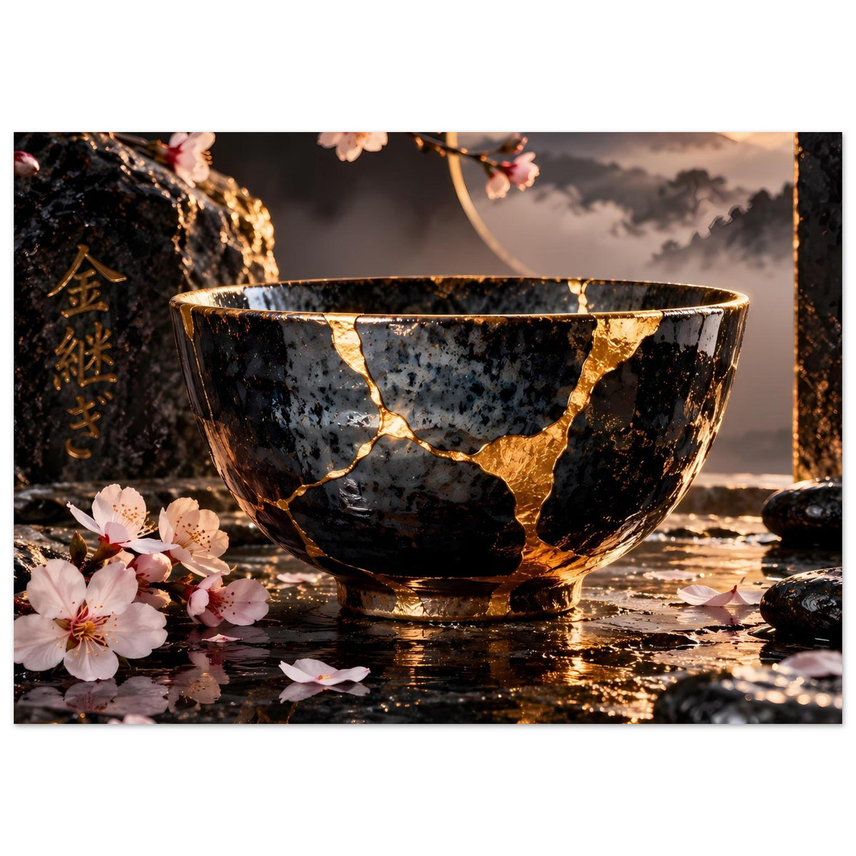 Kintsugi-Elegance-Poster: dunkle Schale mit goldenen Risslinien, Kirschblüten und Spiegelung