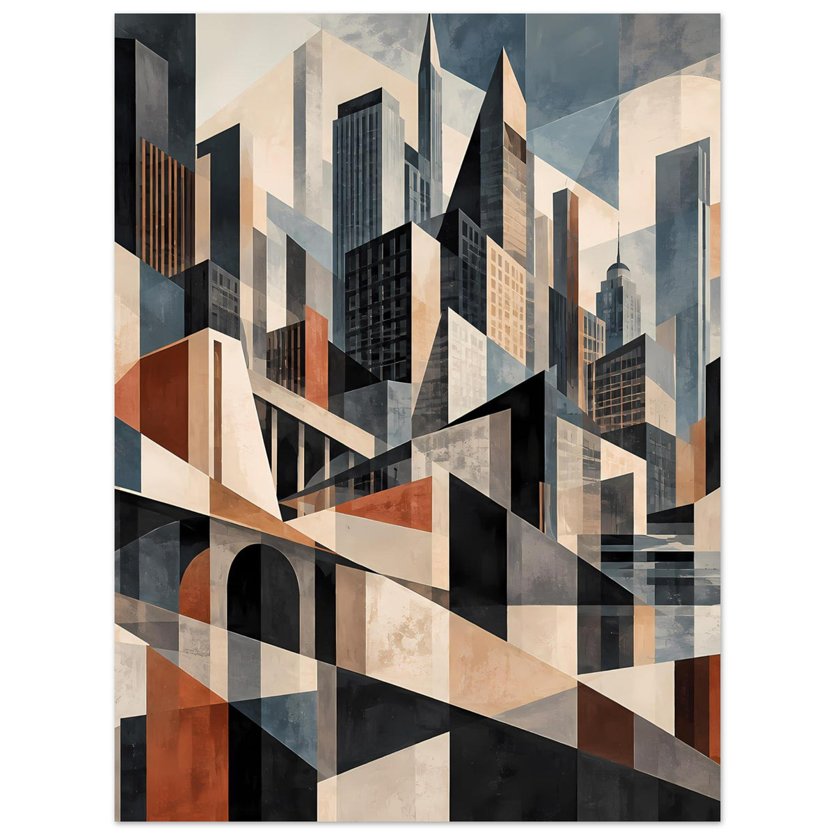 Architekturposter: Hochhäuser in Schwarz, Beige, Blau und Rost mit diagonalem Verlauf