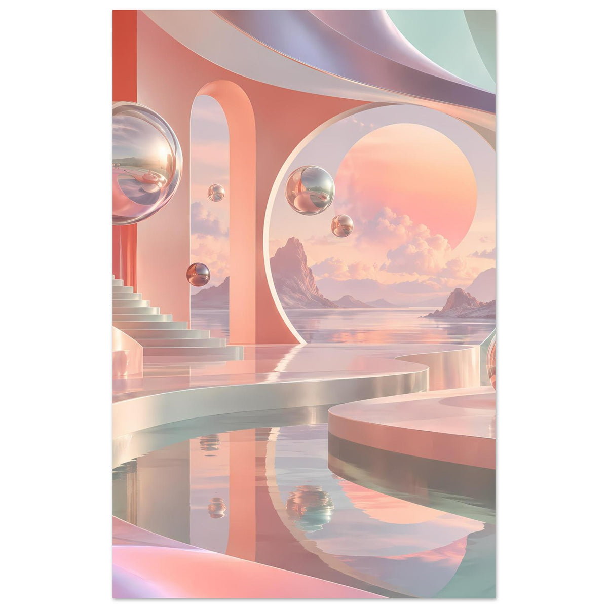 Pastell-Landschaftsposter mit rundem Portal, reflektierenden Kugeln und geschwungenem Balken