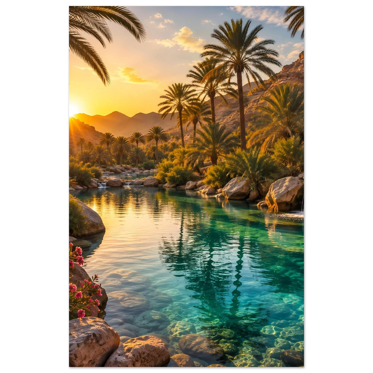Poster im Hochformat mit Tropenfluss, Palmen und Wasserfall, goldenes Abendlicht