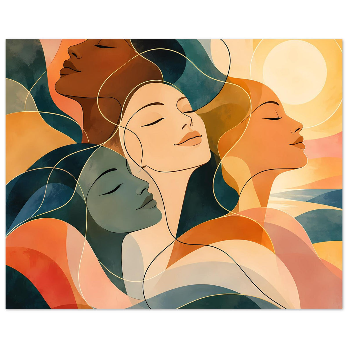 Kunstposter im Querformat mit vier Frauen, geschwungene Linien, warmen Erdtönen und Blautönen