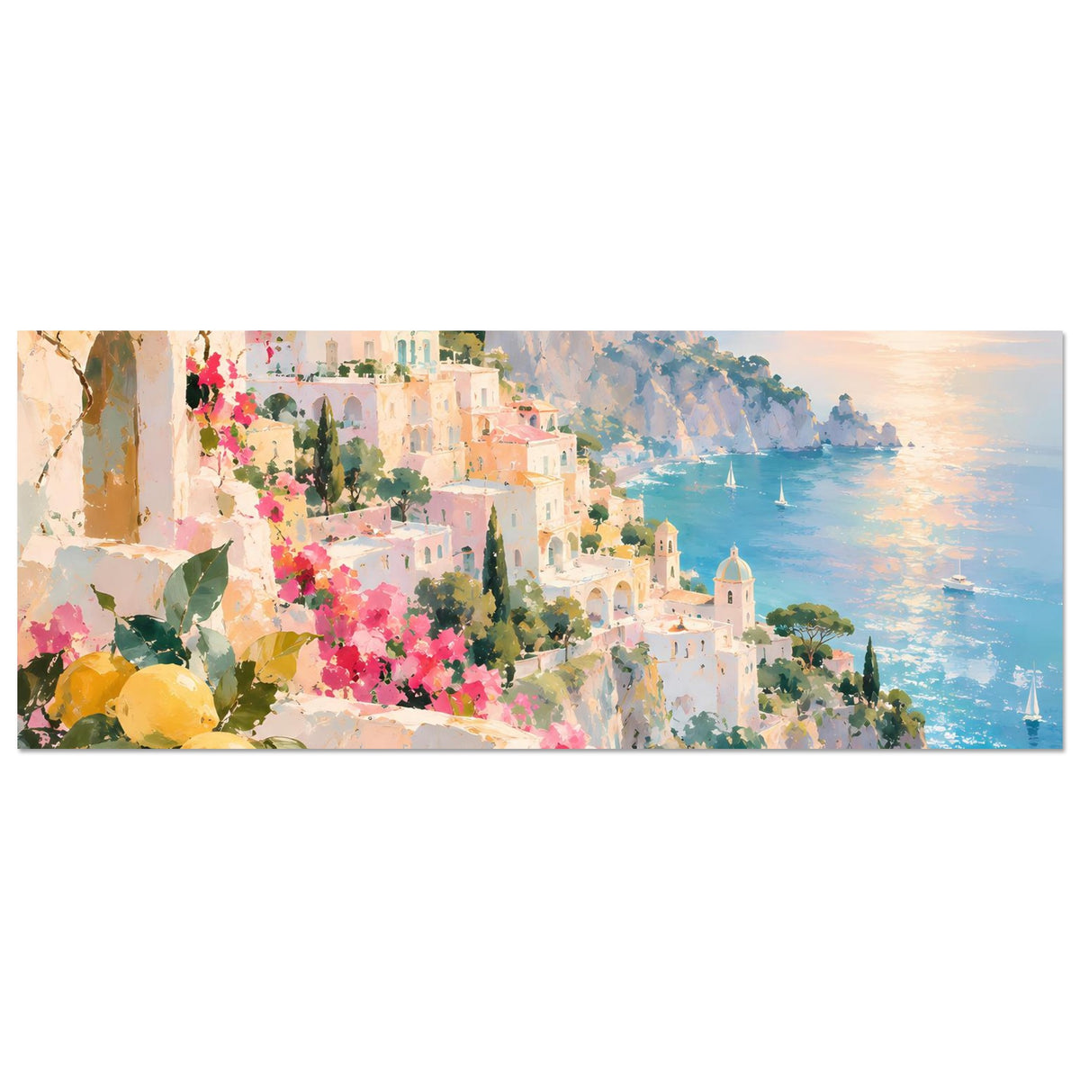 Horizontales Küstenposter: farbige Häuser, rosa Blumen und türkisblaues Meer