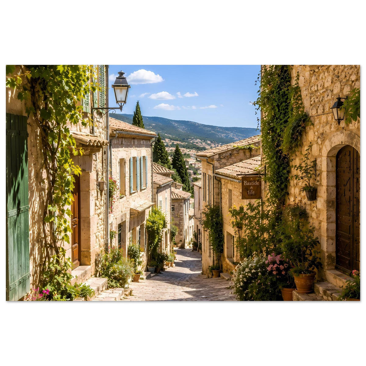 Straßenposter im Querformat: mediterrane Seitenstraße mit Steinwand und Rankpflanzen.