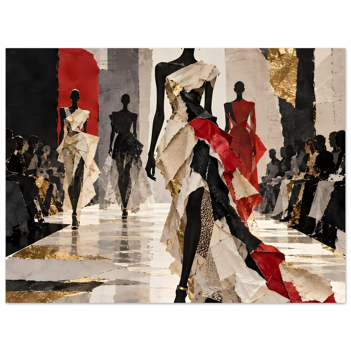 Mode-Laufstegposter mit mehreren Silhouetten: Schwarz, Rot und Gold, Spiegelboden-Look