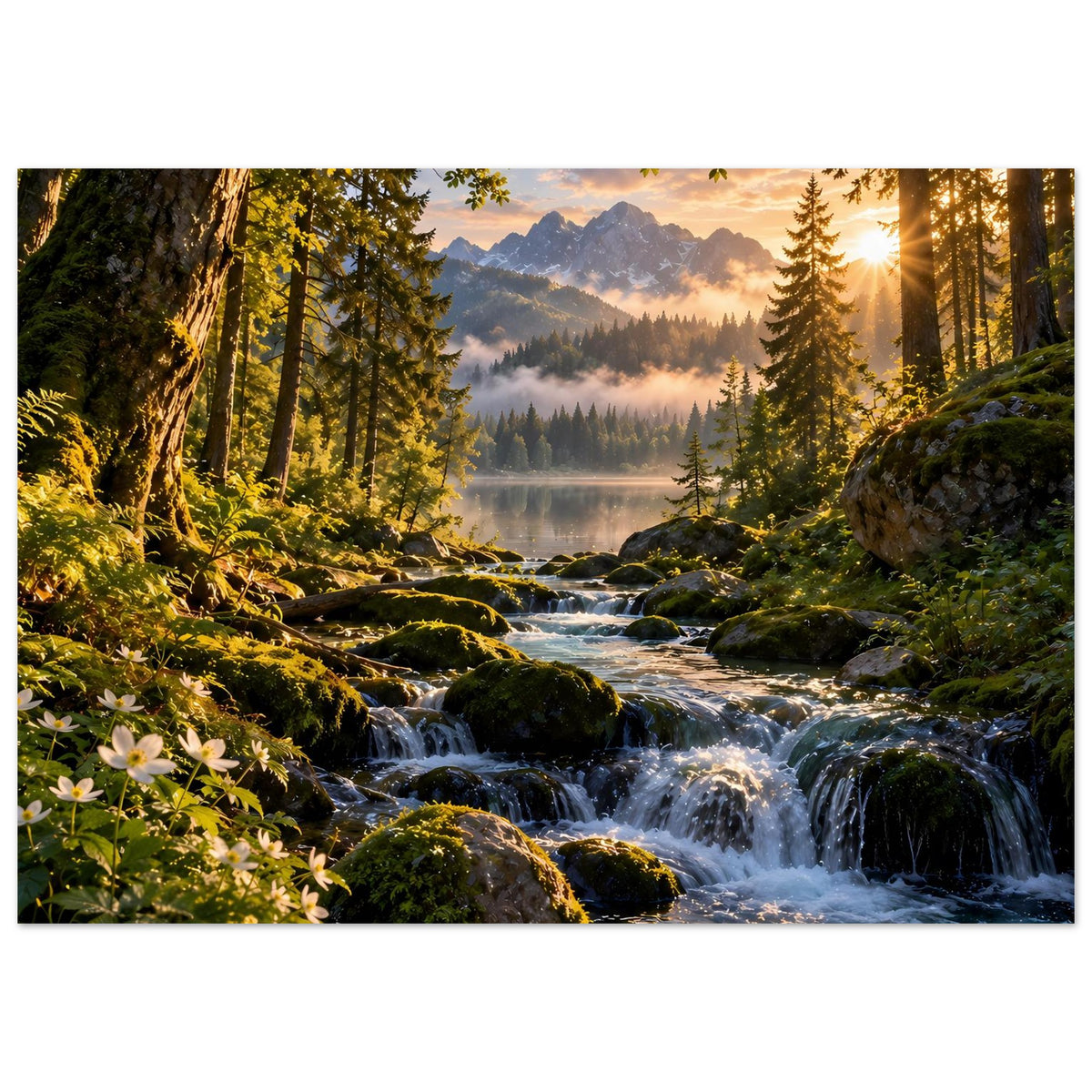 Wasserfall-Poster auf mattem Premiumpapier mit Stromschnellen, Tannen und Bergkulisse