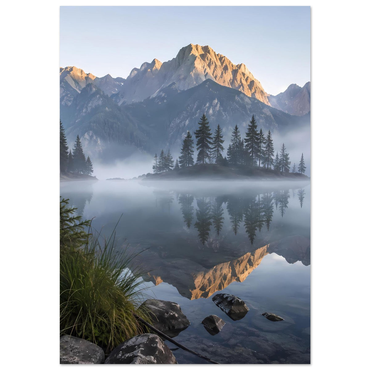 Poster im Hochformat: Berge bei Sonnenaufgang, Nebel über dem See, klare Spiegelung