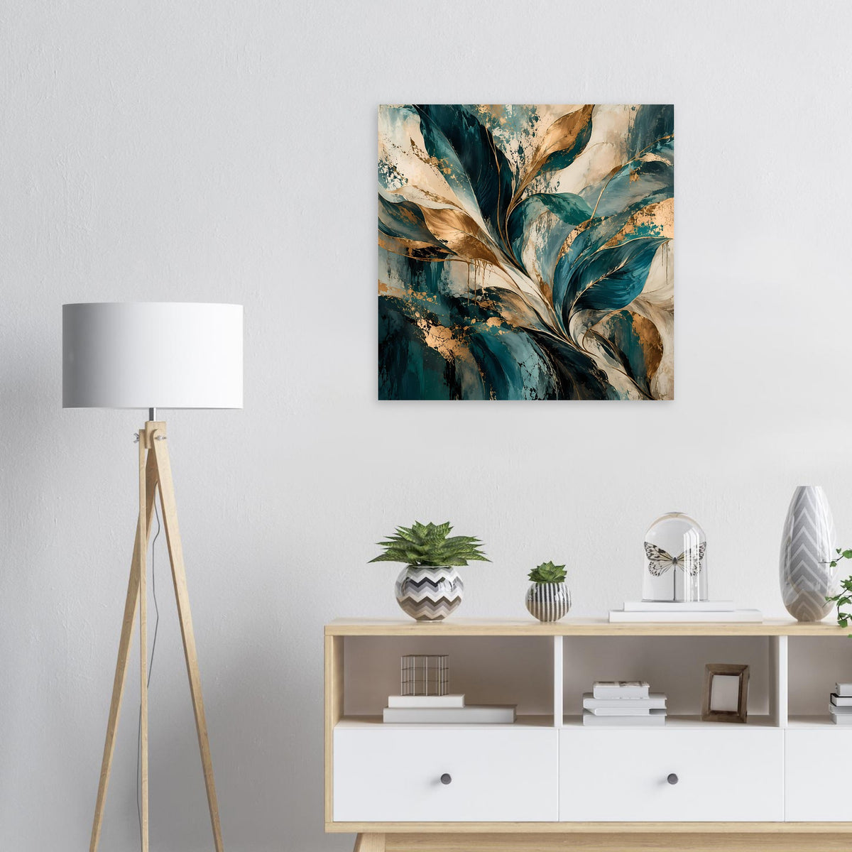 Abstraktes Blattkunst-Poster mit blau-grünen und goldenen Farbfedern