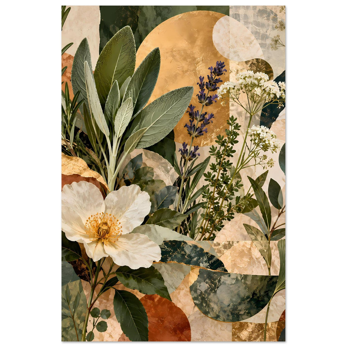 Botanisches Poster mit großer weißer Blüte links und vielfarbigen Blättern, Kreisform im Hintergrund