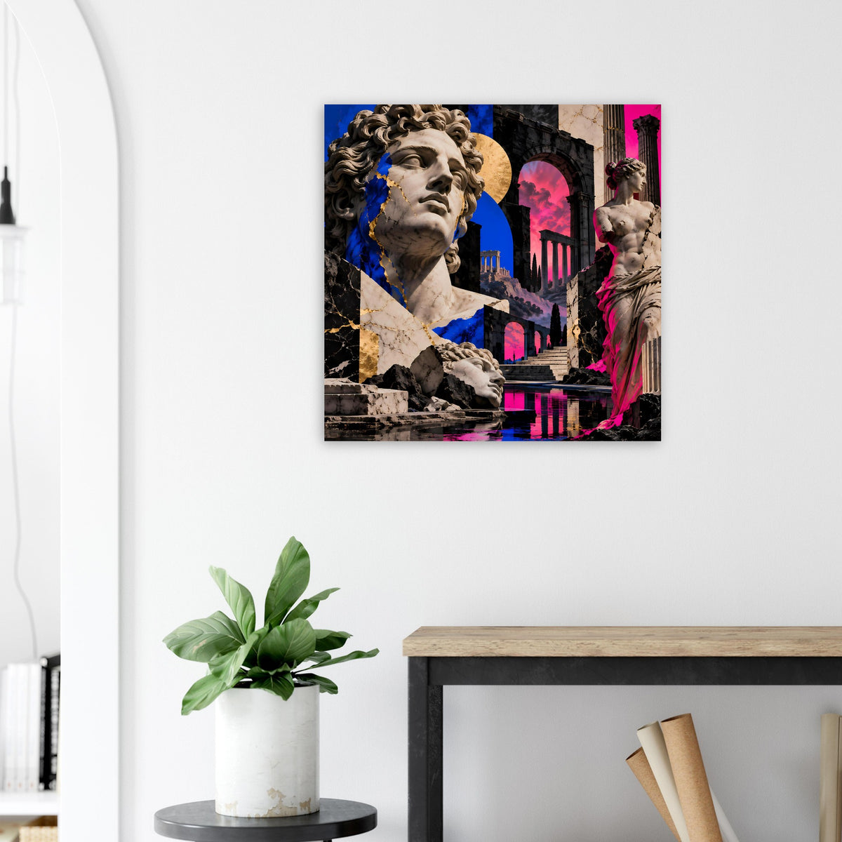 Kunstposter einer klassischen Büste mit Blau- und Pinkakzenten, Figuren und Säulen