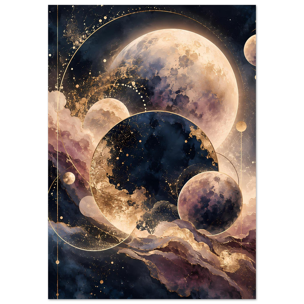 Vertikales Planetenposter mit großer Mondfläche, dunklem Planeten und goldenen Punkten