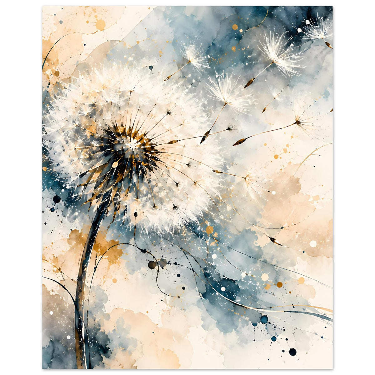 Kunstposter mit Pusteblumenmotiv in Blau- und Goldtönen, vertikal mit weißem Rand